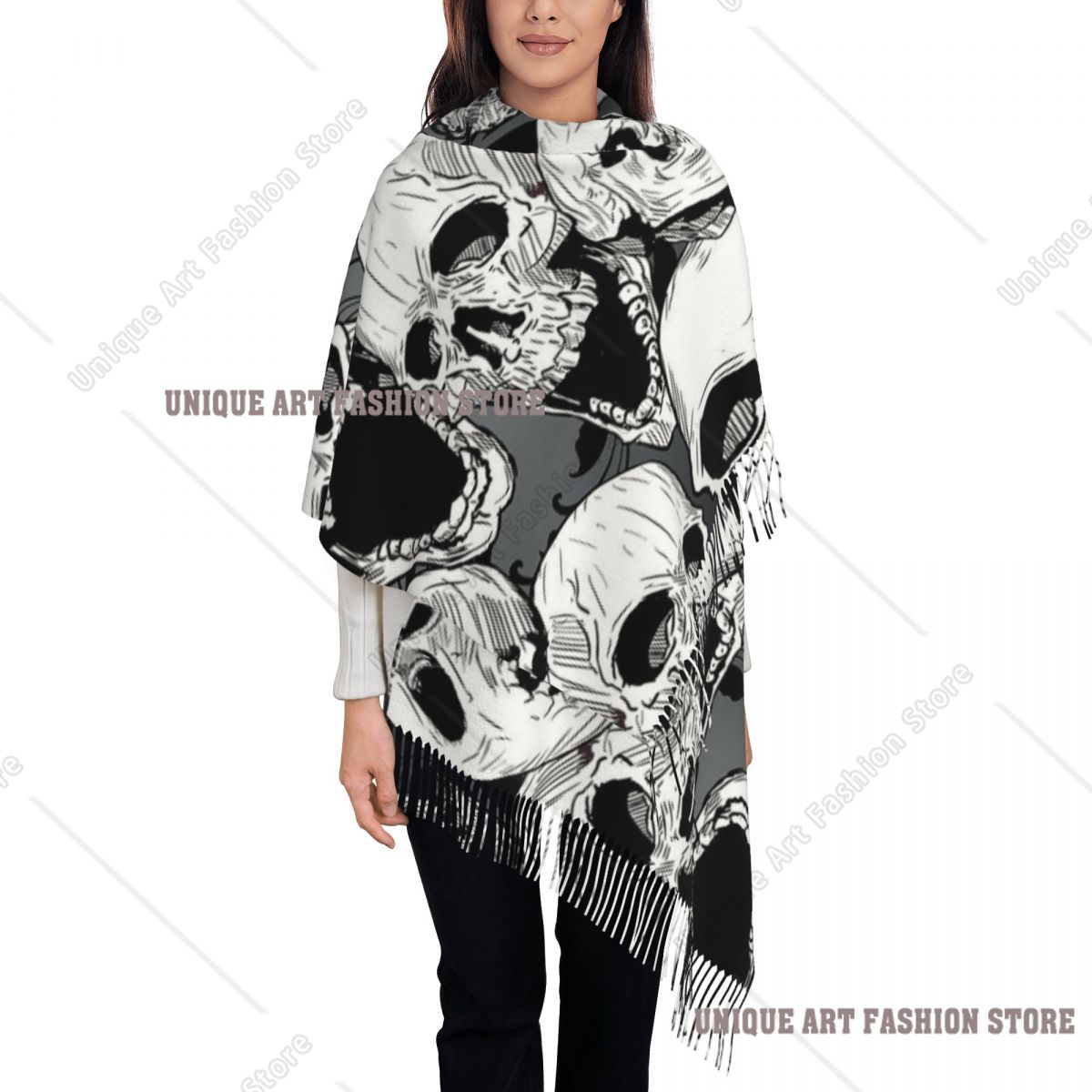 Pashmina Wrap Large - Bufanda con borlas para mujer, calavera